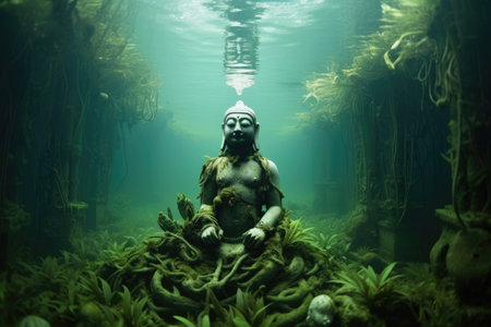 submerged buddha statue in a serene aquatic environment, created with generative aiの素材