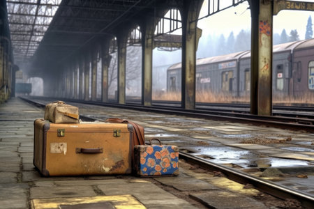 forgotten luggage on a deserted platform, created with generative aiの素材