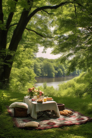 a scenic picnic spot prepared for a mothers day outing, created with generative aiの素材