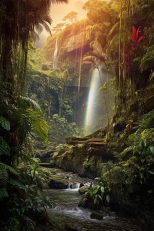 vibrant rainbow over a waterfall in a tropical forest, created with generative aiの素材