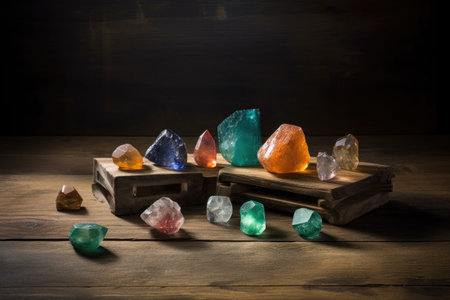 collection of rough, gemstones on a wooden table, created with generative aiの素材