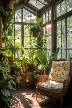 bright sunroom filled with lush green plants, created with generative aiの素材