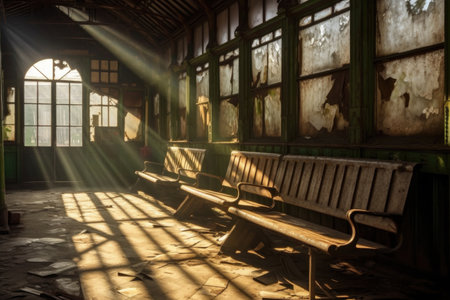 sunlight streaming through old station windows, created with generative aiの素材