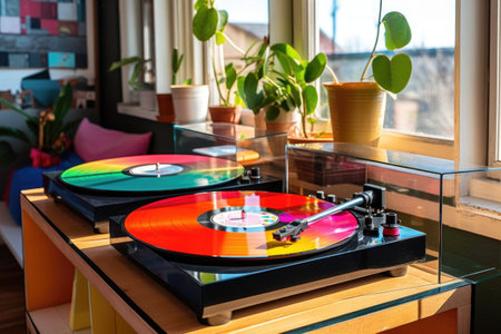 turntable with colorful vinyl records on table, created with generative aiの素材