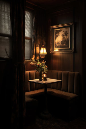 a cozy, dimly lit corner booth in a restaurant, created with generative aiの素材