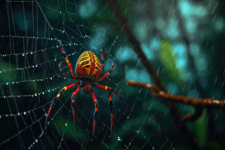 spider in its web waiting for prey at night, created with generative aiの素材
