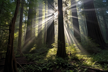 sunlight filtering through towering redwood trees, created with generative aiの素材