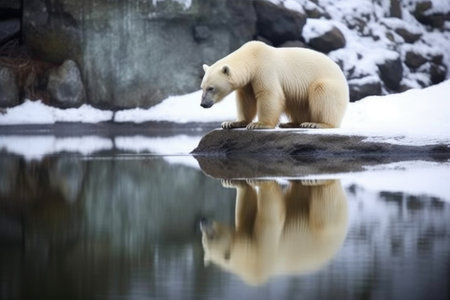 polar bear contemplating its reflection in icy water, created with generative aiの素材