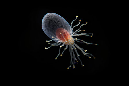 close-up of paramecium swimming in water droplet, created with generative aiの素材