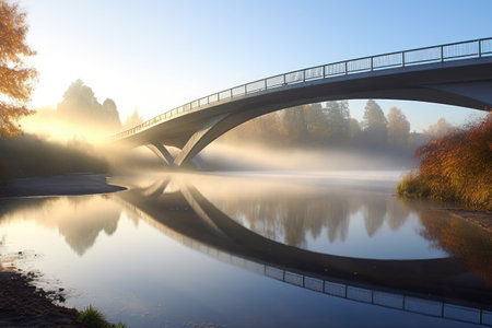 modern bridge spanning over foggy river in morning light, created with generative aiの素材
