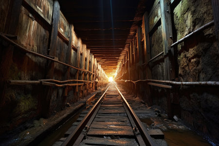 ancient wooden beams supporting mine tunnel, created with generative aiの素材
