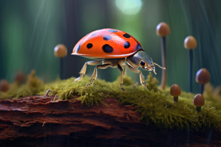 a colorful beetle perched on the edge of a mushroom, created with generative aiの素材