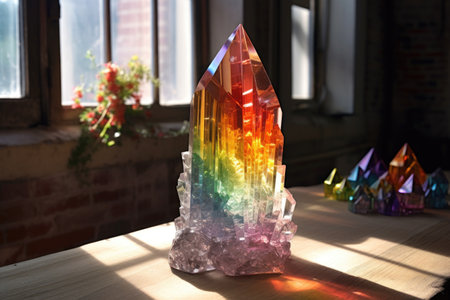 sunlight shining through a crystal creating a rainbow, created with generative aiの素材