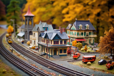 miniature train station with tracks and tiny trains, created with generative aiの素材