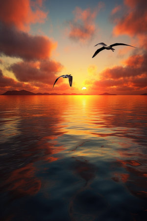 seagulls soaring above a calm sea at sunset, created with generative aiの素材