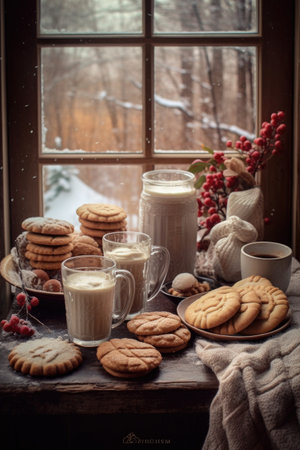 holiday cookies and hot cocoa on a cozy table, created with generative aiの素材