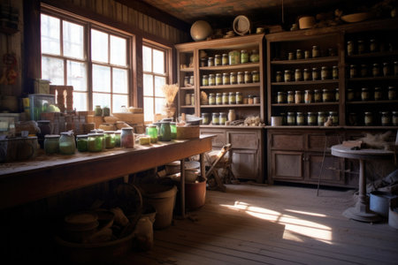 dusty, empty general store with items still on shelves, created with generative aiの素材