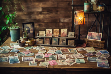 vintage stamps displayed on a wooden table, created with generative aiの素材