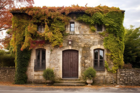 stone house facade with ivy and wooden door, created with generative aiの素材