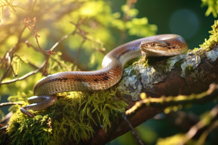 slow worm basking on a tree branch in dappled sunlight, created with generative aiの素材