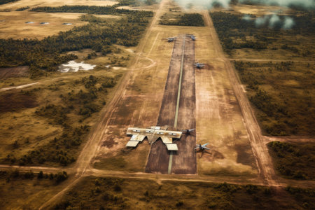 aerial view of decaying military airstrip, created with generative aiの素材