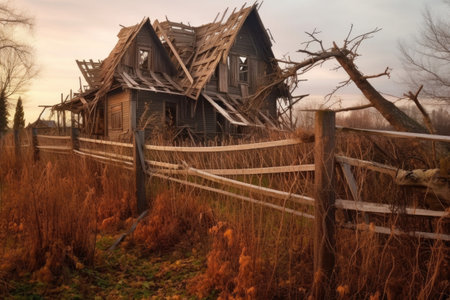 collapsed wooden house with a broken fence, created with generative aiの素材