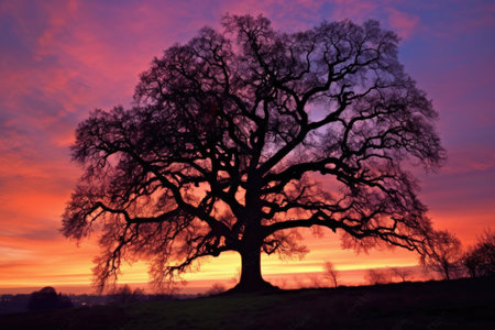 oak tree silhouette against a vibrant sunset, created with generative aiの素材