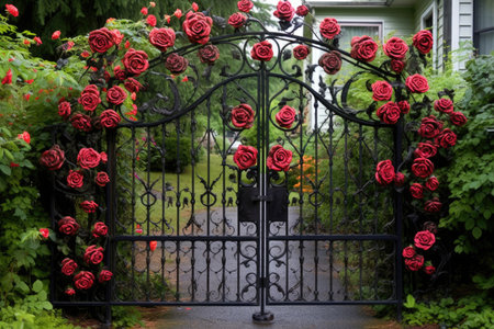wrought iron gate with climbing roses, created with generative aiの素材