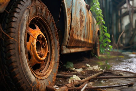 close-up of a rusted car wheel and tire, created with generative aiの素材