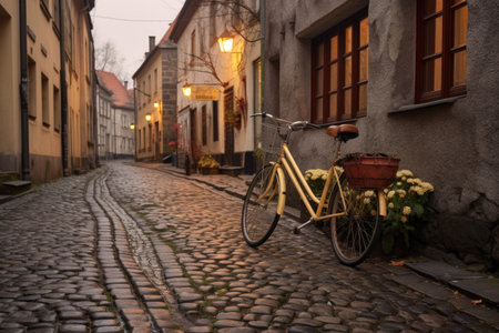 retro bike near a picturesque cobblestone street, created with generative aiの素材