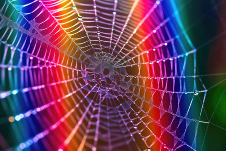 macro shot of a spider web with a rainbow spectrum effect, created with generative aiの素材