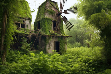 abandoned windmill among overgrown greenery, created with generative aiの素材