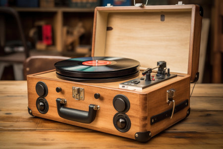 retro turntable with wooden case and speakers, created with generative aiの素材