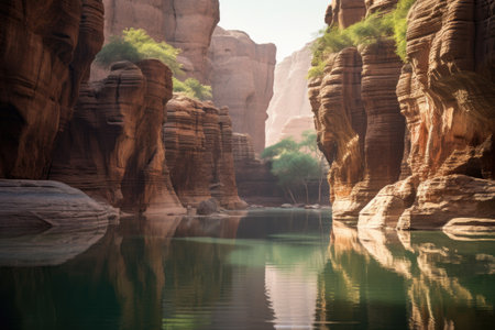 eroded sandstone cliffs framing a serene oasis, created with generative aiの素材