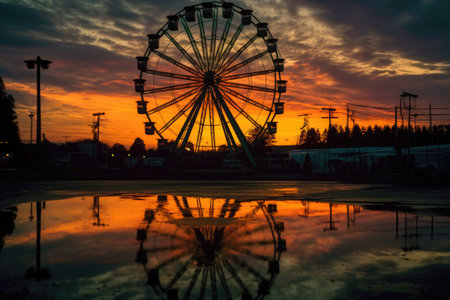 eerie shadow of a ferris wheel at sunset, created with generative aiの素材