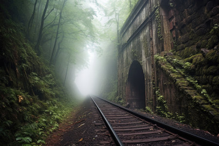 old railroad tracks leading into a foggy tunnel, created with generative aiの素材