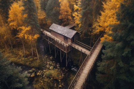 aerial view of a covered wooden bridge in autumn forest, created with generative aiの素材