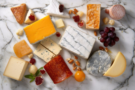 top view of cheese assortment on marble slab, created with generative aiの素材