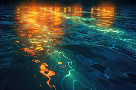 abstract pattern of bioluminescent light trails on water surface, created with generative aiの素材