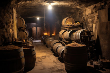 rustic wine barrels in a dimly lit underground cellar, created with generative aiの素材