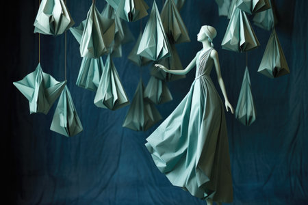 suspended origami shapes in a gentle dance, created with generative aiの素材