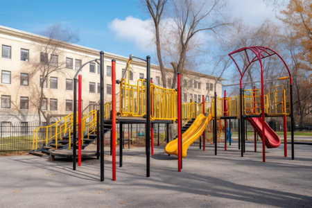 school playground with monkey bars, slides, and climbing ropes for active play, created with generative aiの素材