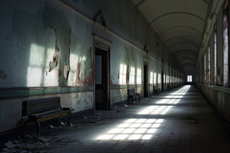 eerie shadows cast by moonlight in a deserted asylum hallway, created with generative aiの素材
