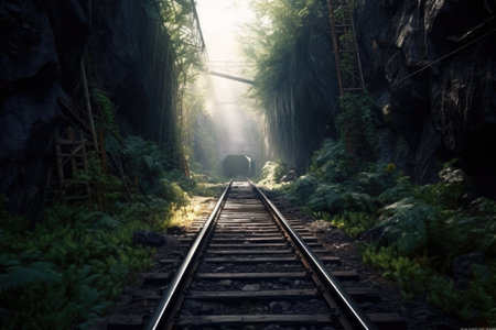 old railroad tracks disappearing into a dark tunnel, created with generative aiの素材
