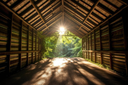 sunlight peeking through the slats of a covered bridge, created with generative aiの素材