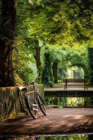 bicycle leaning against a bench in a tranquil park, created with generative aiの素材