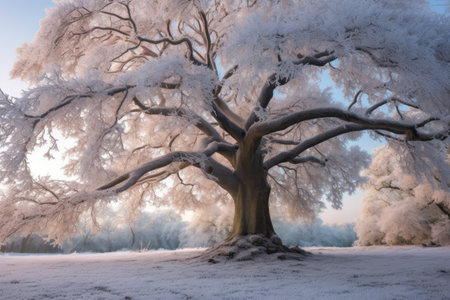 oak tree branches covered in delicate frost crystals during winter, created with generative aiの素材