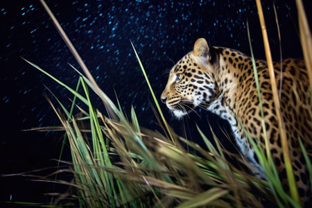 long exposure of a stalking leopard under starry sky, created with generative aiの素材