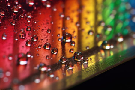 close-up of water droplets on glass reflecting rainbow spectrum, created with generative aiの素材