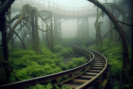 overgrown roller coaster tracks in fog, created with generative aiの素材
